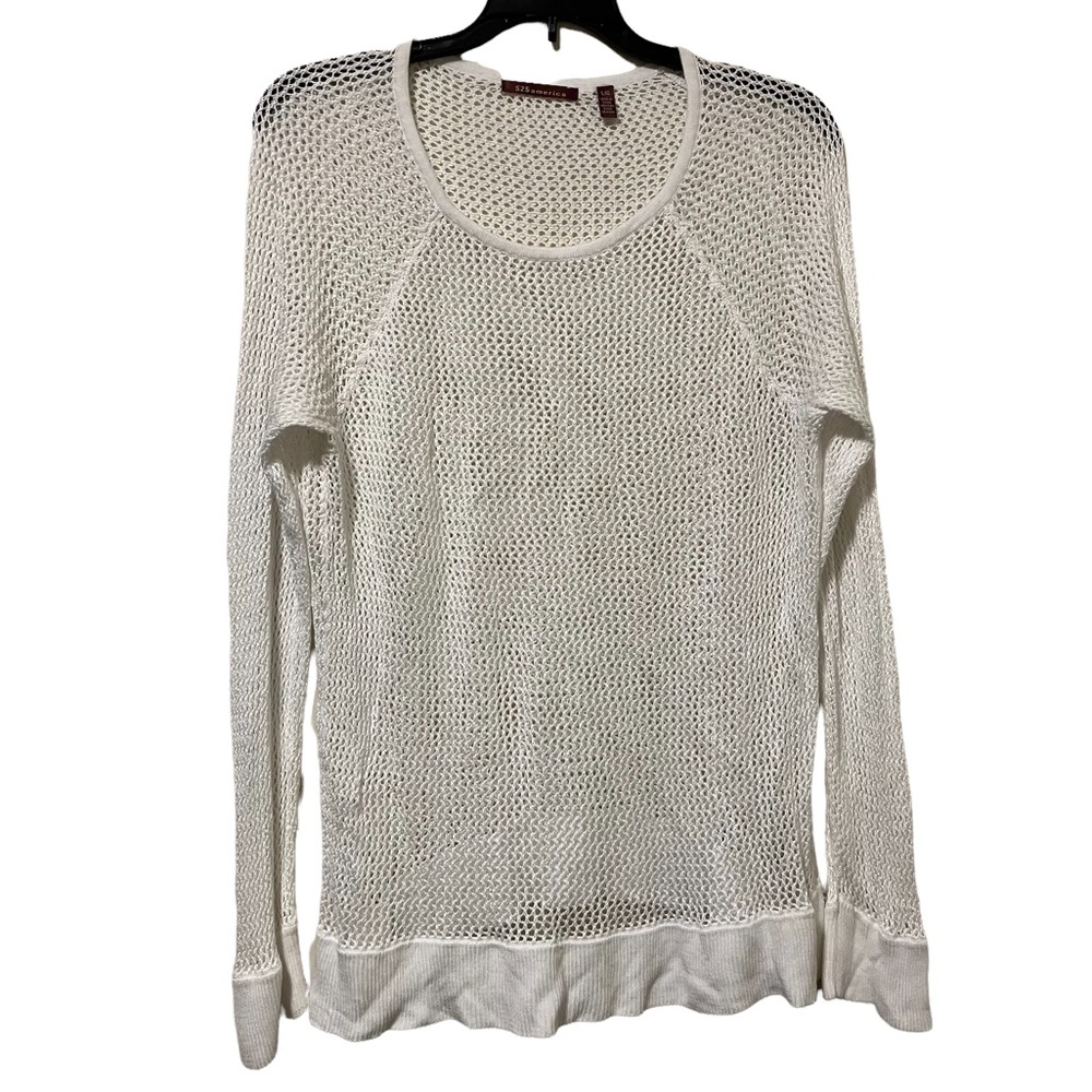 525 America Revolve Rayon Long Sleeve Crochet White Knit Pullover Sweater